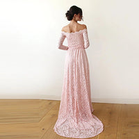 BLUSHFASHION - Original Pink Off-The-Shoulder Lace Dress With Train  #1148