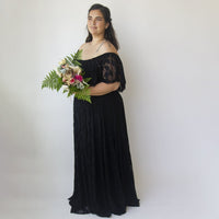 BLUSHFASHION - Original Black Ruffled Crinkle Off-Shoulder Maxi Dress #1338