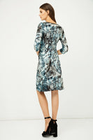 CONQUISTA FASHION - Original Print Jersey Faux Wrap Dress in Dark Navy