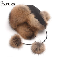 2021 New Fur Hat Women Natural Raccoon Fox Fur Russian Ushanka Hats Winter Thick Warm Ears Fashion Bomber Cap Raccoon Snow Caps