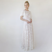 BLUSHFASHION - Original Lace Ivory Flutter Sleeve Dress , With a Separate Blush Underlining Dress  #1368