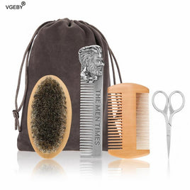 Professional Wood Beard Comb Set Double Beard Oil Head Shape Beard Comb Brush Care Beard Oil Tool Beard Comb Set With Bag