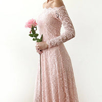 BLUSHFASHION - Original Pink Off-The-Shoulder Lace Dress With Train  #1148