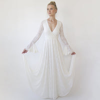 BLUSHFASHION - Original Ivory Wrap Lace Wedding Dress With Long Poet Sleeves #1364