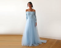 BLUSHFASHION - Original Light Blue  Off-The-Shoulder Dress  Train   #1162