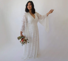 BLUSHFASHION - Original Curvy  Lace Ivory Bridal Kaftan With Fringe ,Bat Sleeves Lace Wedding Dress #1328