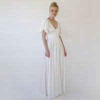 BLUSHFASHION - Original Minimalist, Elegant Satin Butterfly Sleeves Ivory Wedding Dress #1349