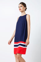 CONQUISTA FASHION - Original Sleeveless Blue Dress With Multicolour Panel Detail