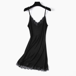 SUYADREAM - Original Women Full Slips Real SILK Basic Anti Emptied Lace Slip Adjustable Shoulder Solid Nude Black White Purple Sleepdress