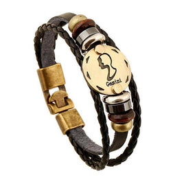 Leather zodiac bracelet, Gemini - Vintage Ethnic Retro