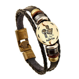 Leather zodiac bracelet, Aquarius - Vintage Ethnic Retro