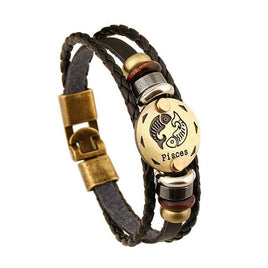 Leather zodiac bracelet, Pisces - Vintage Ethnic Retro