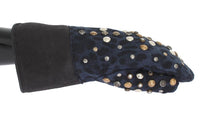 Dolce & Gabbana Gray Wool Shearling Studded Blue Leopard Gloves - Size 9-M