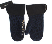 Dolce & Gabbana Gray Wool Shearling Studded Blue Leopard Gloves - Size 9-M