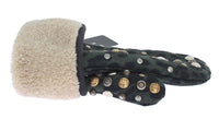 Dolce & Gabbana Gray Wool Shearling Studded Green Leopard Gloves - Size 9-M