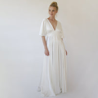 BLUSHFASHION - Original Bestseller Deep v Neckline Bat Sleeves Minimalist Wedding Dress #1350