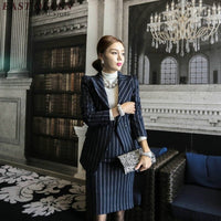 EAST QUEEN - Original New Autumn Fashion Blazer With Skirt Set Blue Striped Womens Business Suits Women Elegant Skirt Suits XL AA2926 YQ