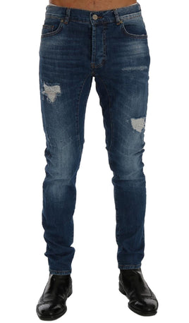 Frankie Morello Blue Wash Torn Dundee Slim Fit Jeans - Size W31