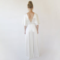 BLUSHFASHION - Original Bestseller Deep v Neckline Bat Sleeves Minimalist Wedding Dress #1350