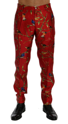 Dolce & Gabbana Red Silk Bird Print Dress Pants - Size IT52-XL