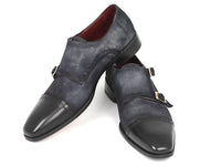 Paul Parkman Men's Captoe Double Monkstraps Navy Suede (ID#FK77W)