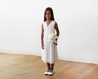 Original Short Wedding Dress ,Midi Ivory All Lace Sleeveless Flower Girl Dress #5048