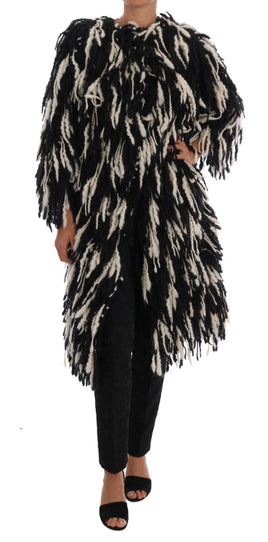 Dolce & Gabbana Black White Fringes Coat Wool Coat - Size IT38-S