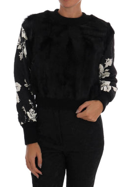 Dolce & Gabbana Black Fur Floral Brocade Zipper Sweater - Size IT36-XS