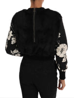 Dolce & Gabbana Black Fur Floral Brocade Zipper Sweater - Size IT36-XS