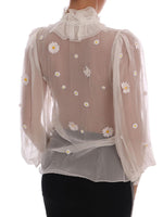 Dolce & Gabbana White Daisy Applique Silk Shirt - Size IT36-XS