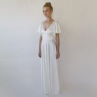 BLUSHFASHION - Original Minimalist, Elegant Satin Butterfly Sleeves Ivory Wedding Dress #1349