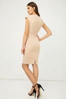 CONQUISTA FASHION - Original Solid Colour Dress With Cap Sleeves Creme Color