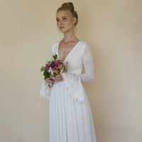 BLUSHFASHION - Original Ivory Wrap Lace Wedding Dress With Long Poet Sleeves #1364