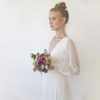 BLUSHFASHION - Original Bestseller Ivory Wrap Lace Wedding Dress With Chiffon Mesh Sleeves #1352