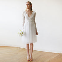 BLUSHFASHION - Original Short Wedding Dress ,Ivory Tulle & Lace Midi  Dress #1144