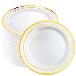 50pcs Gold Rim Plastic Plates-7.5inch Gold Disposable Salad/Dessert Plates-Ideal for Weddings& Parties