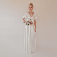 BLUSHFASHION - Original Minimalist, Elegant Satin Butterfly Sleeves Ivory Wedding Dress #1349