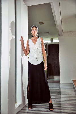 AKOSEE - Original Olga Drawstring Maxi Dress in Black and White (Straight Skirt)