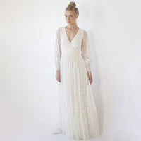 BLUSHFASHION - Original Bestseller Ivory Wrap Lace Wedding Dress With Chiffon Mesh Sleeves #1352