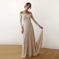 BLUSHFASHION - Original Champagne Off-The-Shoulder  Dress Train  #1148