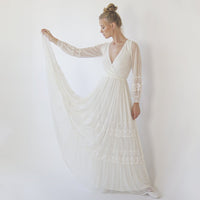 BLUSHFASHION - Original Bestseller Ivory Wrap Lace Wedding Dress With Chiffon Mesh Sleeves #1352