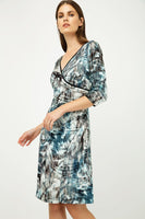 CONQUISTA FASHION - Original Print Jersey Faux Wrap Dress in Dark Navy