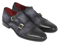 Paul Parkman Men's Captoe Double Monkstraps Navy Suede (ID#FK77W)