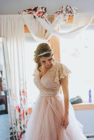 BLUSHFASHION - Original Fairy Blush Wrap Wedding Dress, Butterfly Sleeves and Puffy Tulle #1293