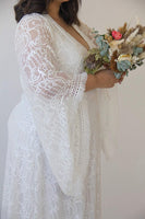 BLUSHFASHION - Original Curvy  Lace Ivory Bridal Kaftan With Fringe ,Bat Sleeves Lace Wedding Dress #1328