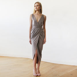 BLUSHFASHION - Original Taupe Wrap Tulip Dress With v Neckline #1154