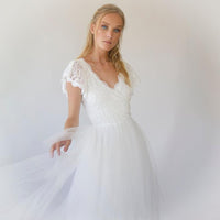 BLUSHFASHION - Original Fairy Ivory Wrap Wedding Dress, Butterfly Sleeves and Puffy Tulle #1293