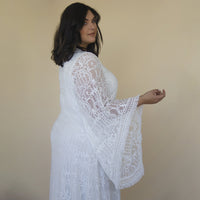 BLUSHFASHION - Original Curvy  Lace Ivory Bridal Kaftan With Fringe ,Bat Sleeves Lace Wedding Dress #1328