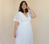 BLUSHFASHION - Original Curvy  Ivory Butterfly Sleeves, Lace Bohemian Wedding Dress With Mesh Chiffon #1321