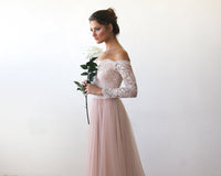 Original Pink Off-The-Shoulder Lace & Tulle Train Dress #1162